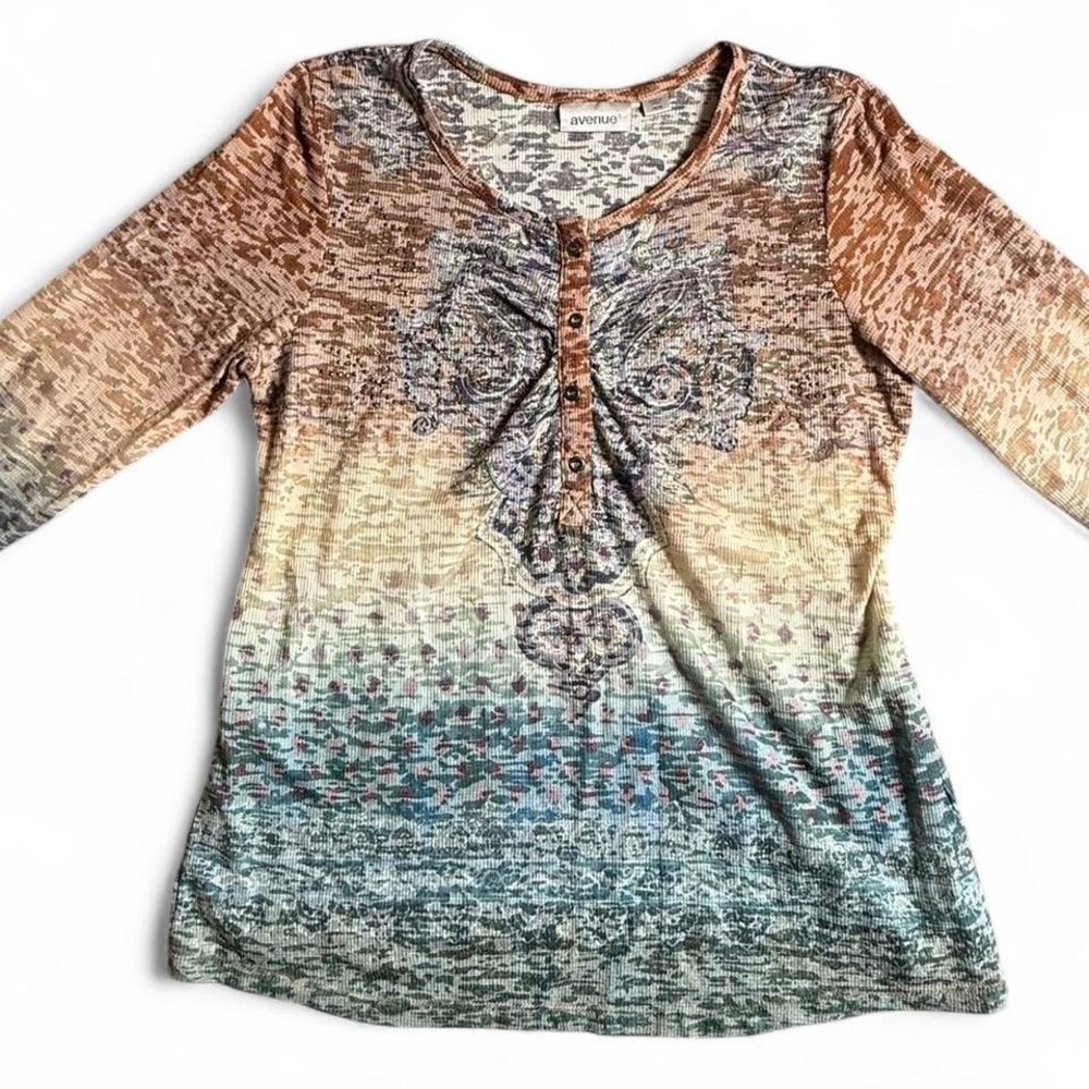 Vtg Y2K Multi-coloured semi burnout bling 3/4‎ long sleeve top L/XL fairy grunge